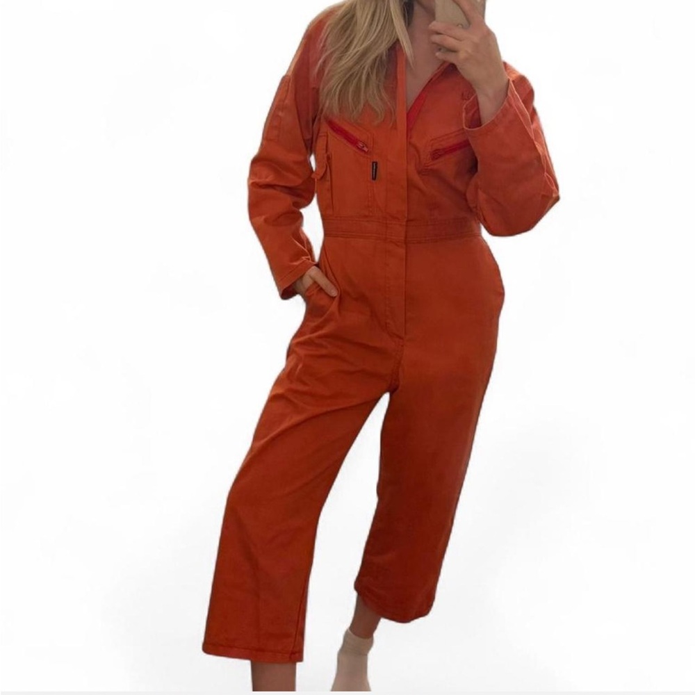 Upcycled Orange Utility Coverall with Front Zipper and Collared Neckline
